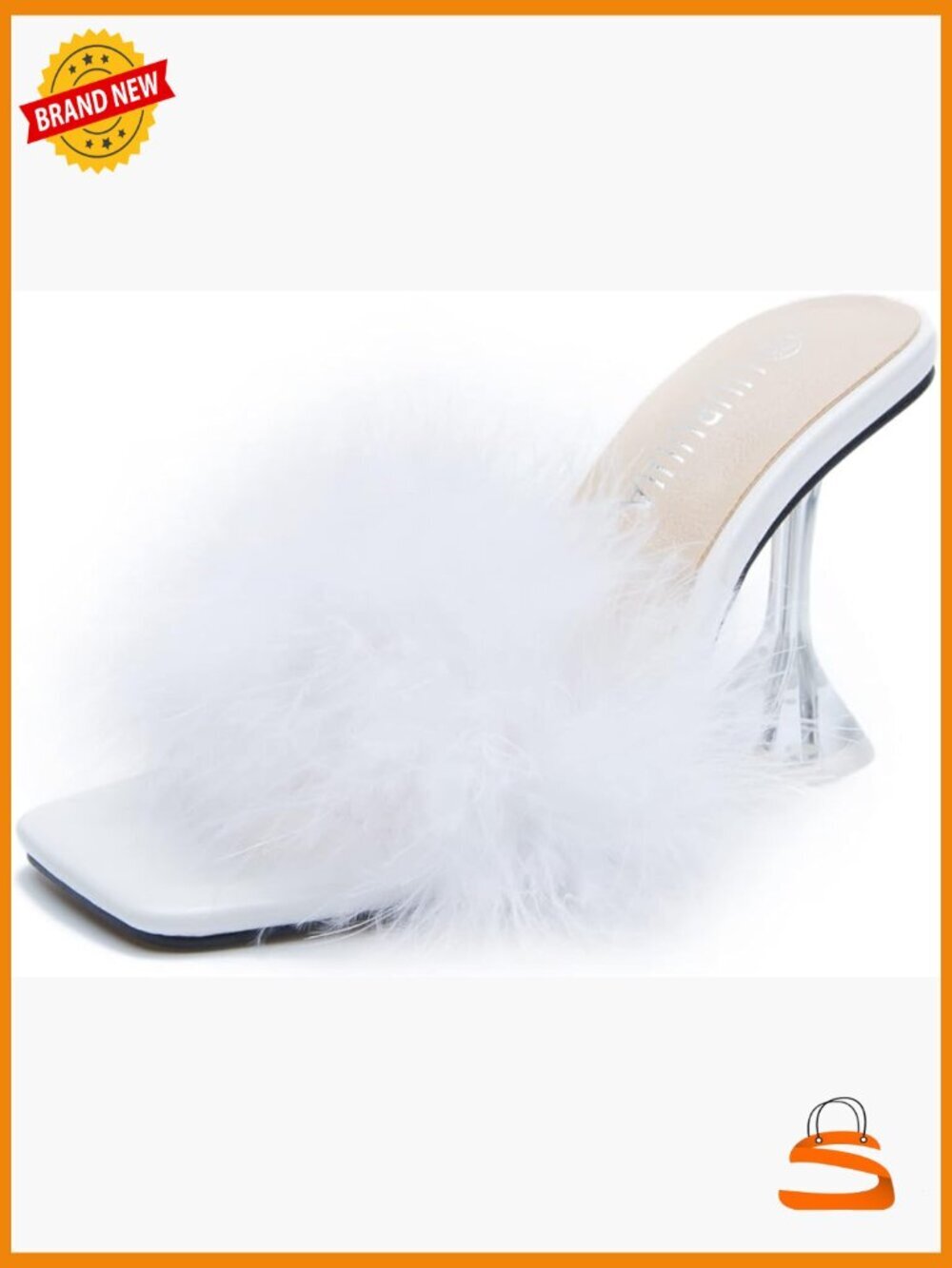 Feather High Heeled Mules Square Toe Slip On Sandals Clear Heels